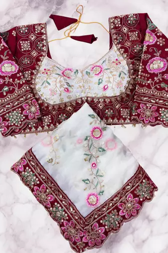 White Color Beautiful Embroidery Dual Sequences And Coding Work With Multi Threads Work Satin Silk Blend Saree
