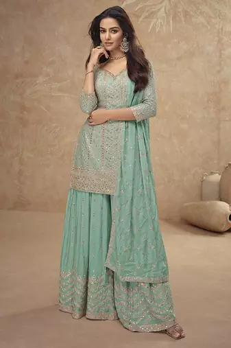 Aqua blue faux chinon embroidered readymade palazzo suit