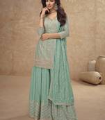 Aqua blue faux chinon embroidered readymade palazzo suit