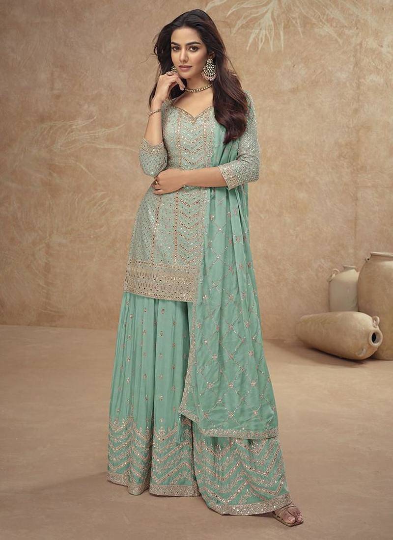 Aqua blue faux chinon embroidered readymade palazzo suit