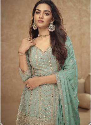 Aqua blue faux chinon embroidered readymade palazzo suit 2