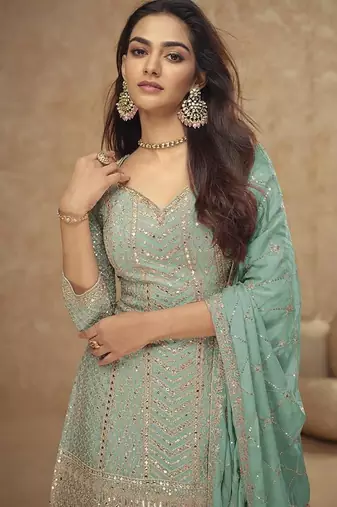 Aqua blue faux chinon embroidered readymade palazzo suit