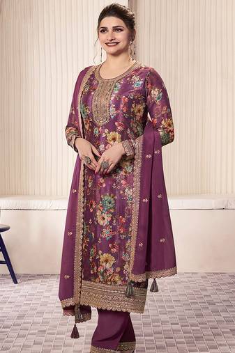 Purple faux chinon embroidered readymade salwar suit