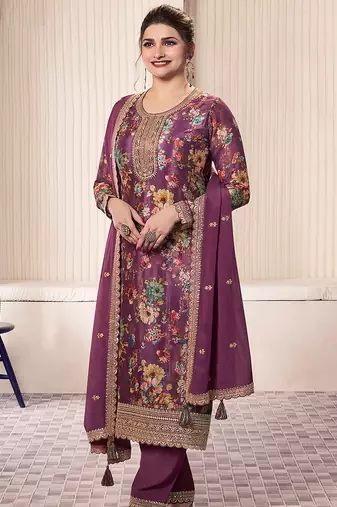 Purple faux chinon embroidered readymade salwar suit