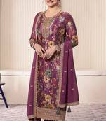 Purple faux chinon embroidered readymade salwar suit