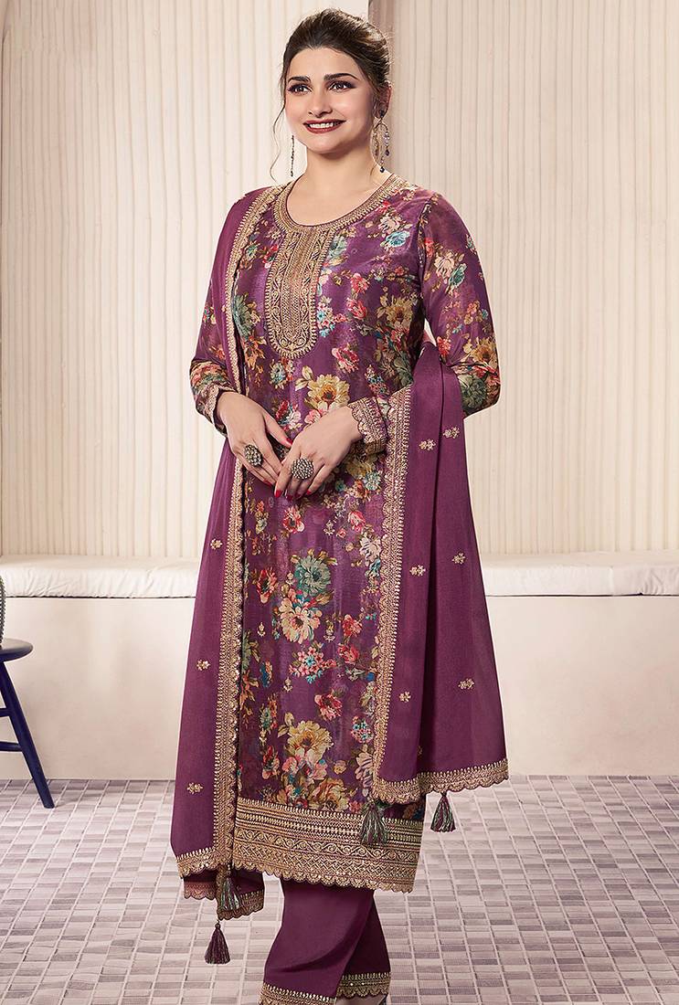 Purple faux chinon embroidered readymade salwar suit