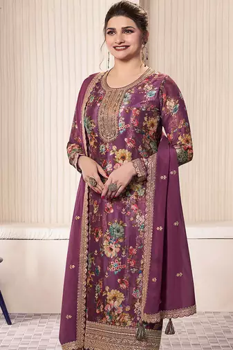 Purple faux chinon embroidered readymade salwar suit