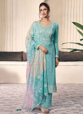 Turquoise moonga silk blend embroidered readymade salwar  suit 1