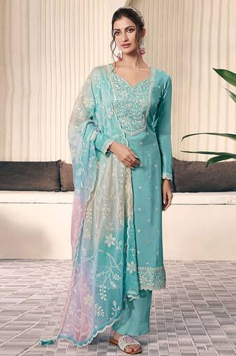 Turquoise moonga silk blend embroidered readymade salwar  suit