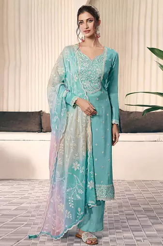 Turquoise moonga silk blend embroidered readymade salwar  suit