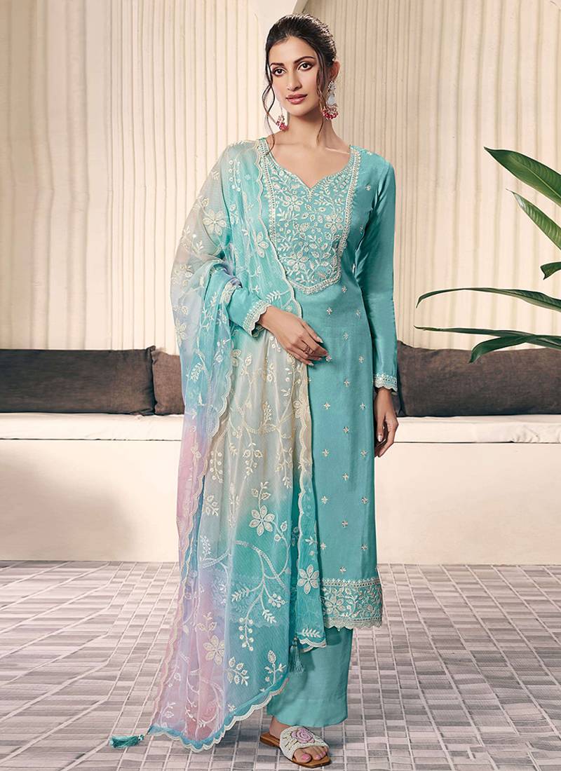 Turquoise moonga silk blend embroidered readymade salwar  suit