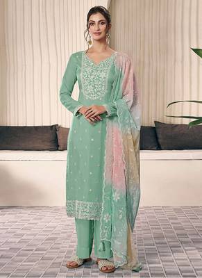 Sea green moonga silk blend embroidered readymade salwar  suit 1