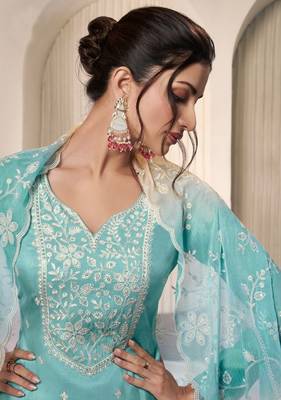 Turquoise moonga silk blend embroidered readymade salwar  suit 2