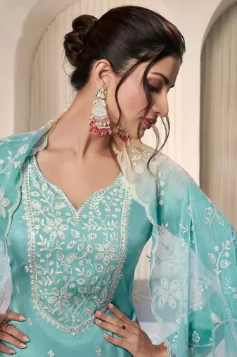 Turquoise moonga silk blend embroidered readymade salwar  suit