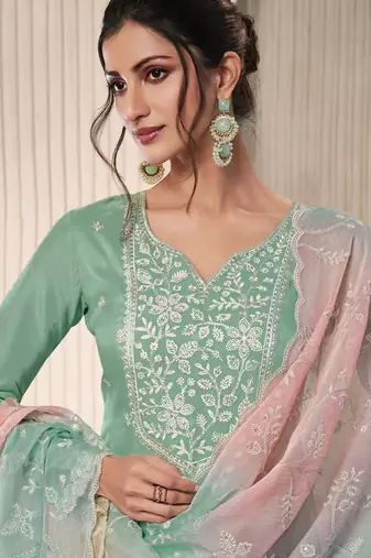 Sea green moonga silk blend embroidered readymade salwar  suit