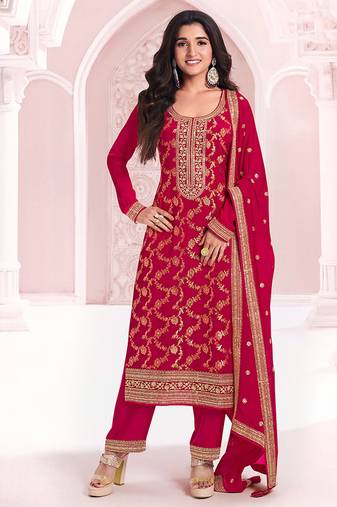 Red faux chinon  embroidered readymade salwar kameez