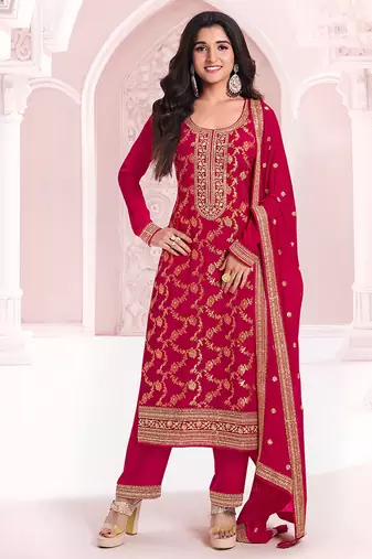 Red faux chinon  embroidered readymade salwar kameez