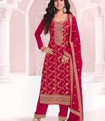 Red faux chinon  embroidered readymade salwar kameez