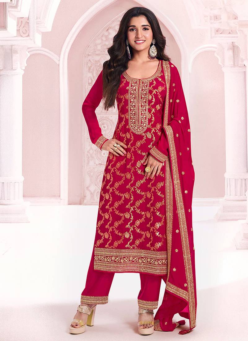 Red faux chinon  embroidered readymade salwar kameez