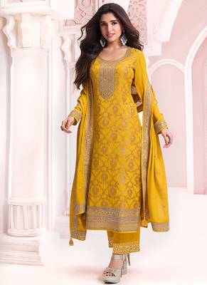 Mustard faux chinon  embroidered readymade salwar kameez 1