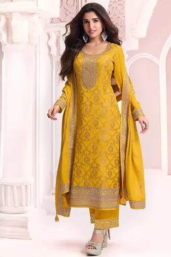 Mustard faux chinon  embroidered readymade salwar kameez