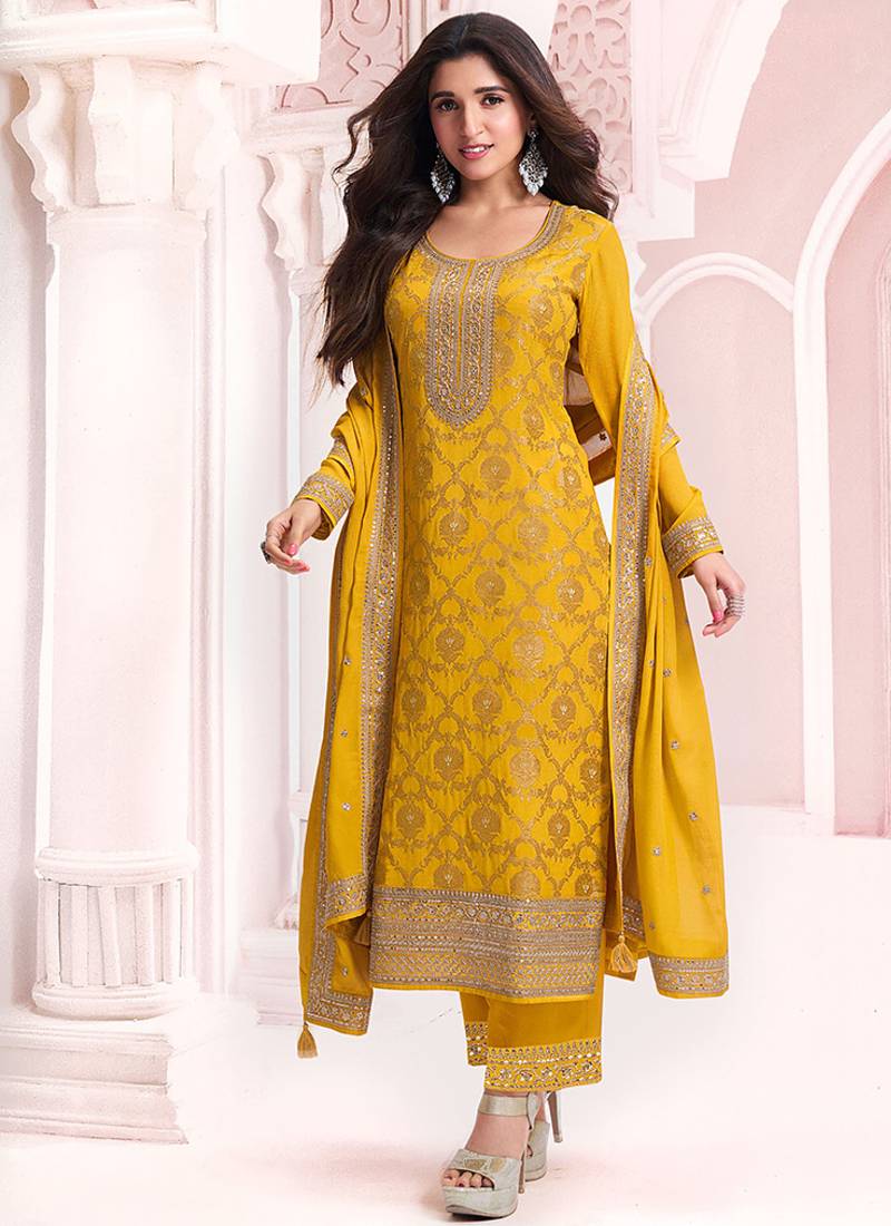 Mustard faux chinon  embroidered readymade salwar kameez