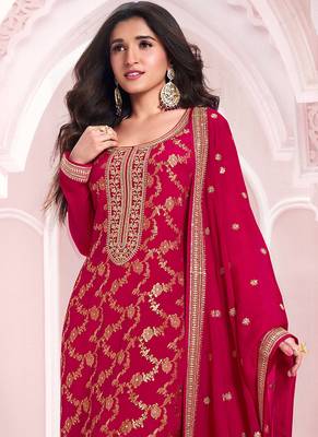 Red faux chinon  embroidered readymade salwar kameez 2