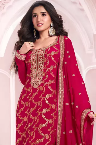 Red faux chinon  embroidered readymade salwar kameez