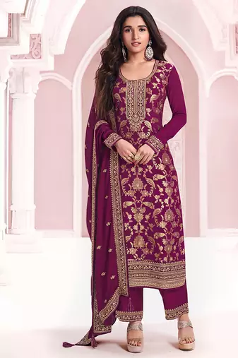 Burgundy faux chinon  embroidered readymade salwar kameez