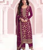 Burgundy faux chinon  embroidered readymade salwar kameez