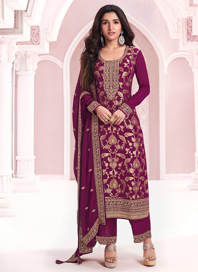 Burgundy faux chinon  embroidered readymade salwar kameez