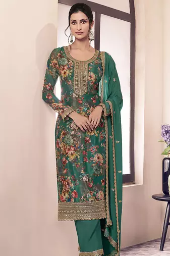 Green faux chinon embroidered readymade salwar suit