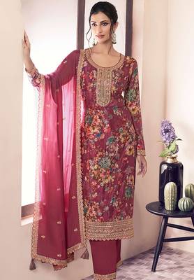 Maroon faux chinon embroidered readymade salwar suit 1