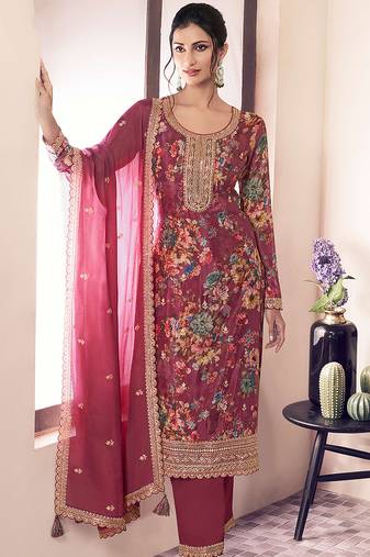 Maroon faux chinon embroidered readymade salwar suit