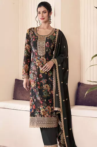 Black faux chinon embroidered readymade salwar suit