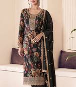 Black faux chinon embroidered readymade salwar suit