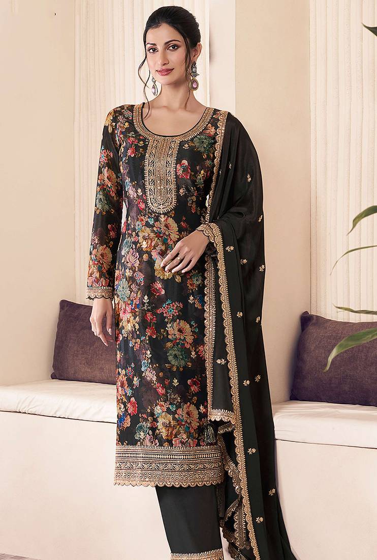 Black faux chinon embroidered readymade salwar suit