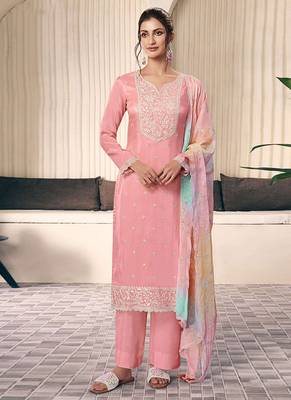 Light pink moonga silk blend embroidered readymade salwar  suit 1