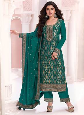Dark green faux chinon  embroidered readymade salwar kameez 1