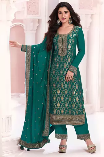 Dark green faux chinon  embroidered readymade salwar kameez