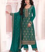 Dark green faux chinon  embroidered readymade salwar kameez