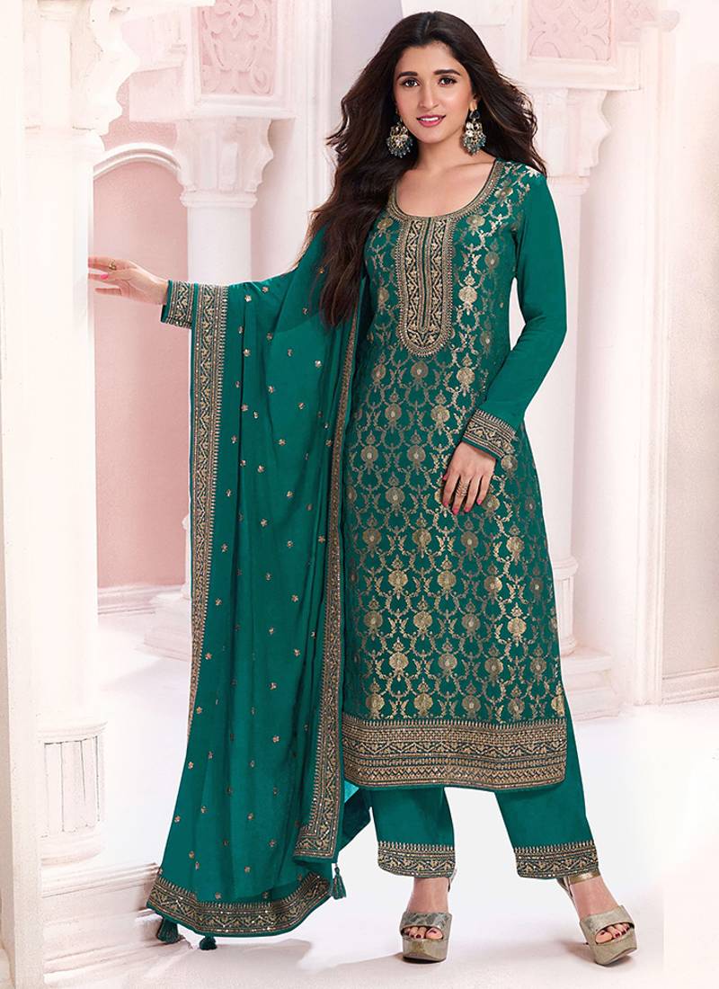 Dark green faux chinon  embroidered readymade salwar kameez