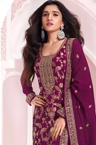 Burgundy faux chinon  embroidered readymade salwar kameez