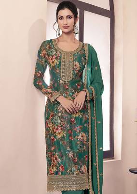 Green faux chinon embroidered readymade salwar suit 2