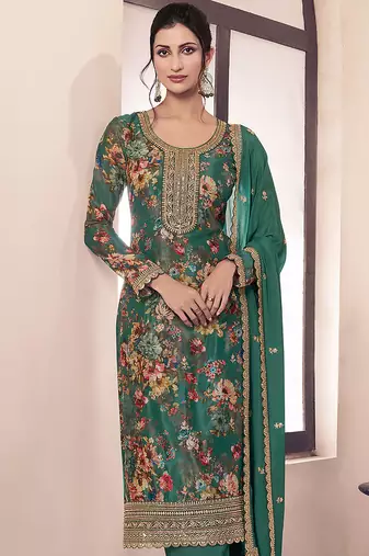 Green faux chinon embroidered readymade salwar suit