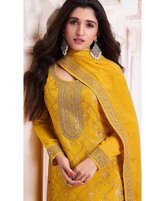 Mustard faux chinon  embroidered readymade salwar kameez 2