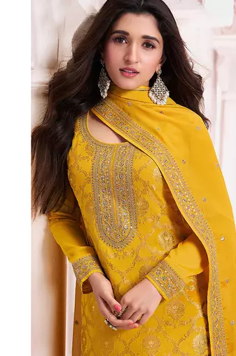 Mustard faux chinon  embroidered readymade salwar kameez