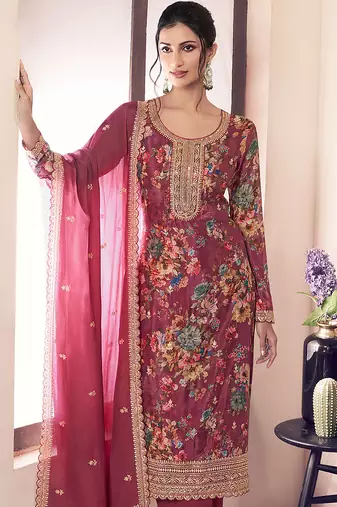 Maroon faux chinon embroidered readymade salwar suit