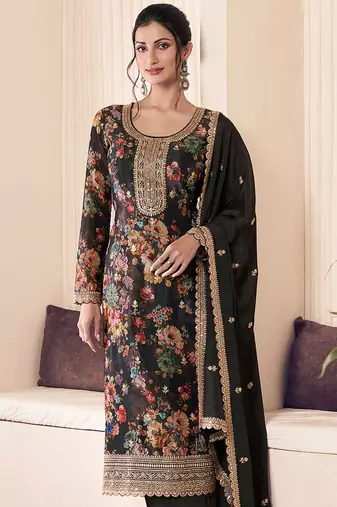 Black faux chinon embroidered readymade salwar suit