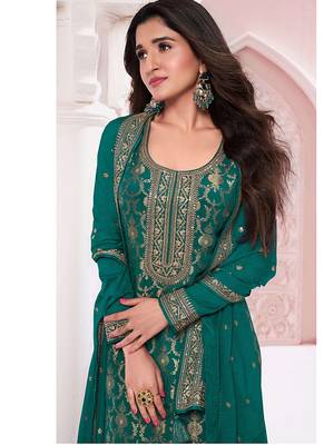 Dark green faux chinon  embroidered readymade salwar kameez 2